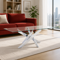 Table basse rectangulaire moderne minimaliste nordique avec plateau en verre trempé transparent et pieds en métal noir en forme de X pour salon