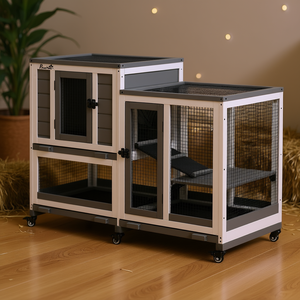 Forniture per animali piccoli con ruote in legno-coniglietto in legno impermeabile grigio a 2 piani - Product Image 2