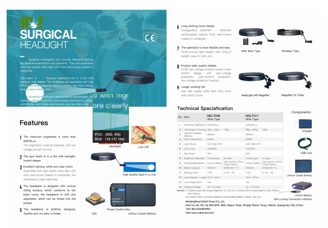 Luz frontal médica quirúrgica led portátil y ligera para equipos de laboratorio hospitalario