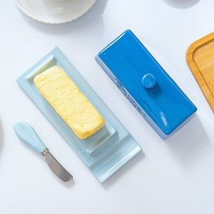 Beurrier en céramique émaillée bleue avec couteau - Récipient à beurre bicolore pour la cuisine à domicile - Product Image 2