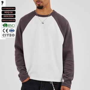 Camiseta de manga larga raglán de punto gofrado para hombre, cuello redondo, bloques de color, estilo casual holgado, personalizada - Product Image 1
