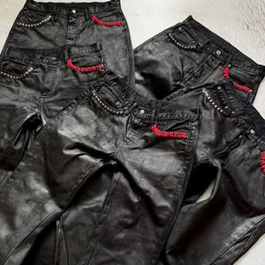 Nouveau jean évasé pour homme style punk - Noir délavé effet cuir, idéal pour les tendances Y2K, gothique et streetwear - Product Image 2