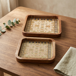 ถาดไม้ทรงสี่เหลี่ยมลายดอกไม้สำหรับเสิร์ฟและตกแต่งโต๊ะอาหารที่บ้าน - Product Image 3
