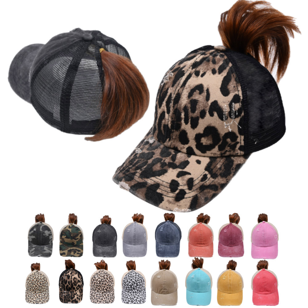 Женская леопардовая сетчатая хлопковая шапка-тракер, потертая Потертая джинсовая спортивная бейсболка, пучок волос, шапки с перекрестным хвостом