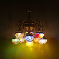 Lustre LED 8 lumières en mosaïque turque avec cadre en fer, lampe suspendue marocaine vintage, verre teinté fait main, bronze antique