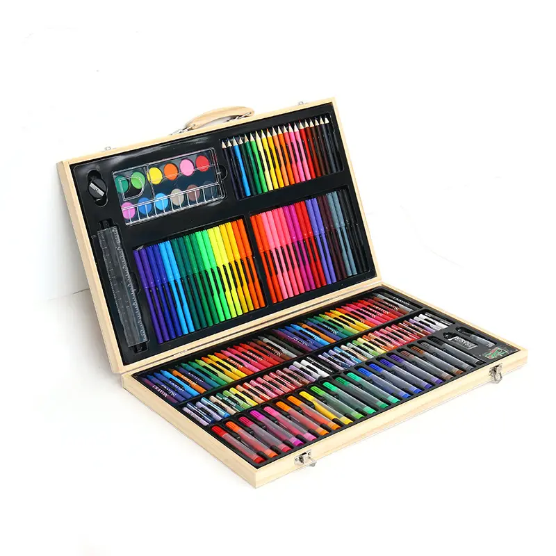 עץ אמנות תיבת & ציור ערכת עם עפרונות שמן פסטלים עפרונות צבעוניים בצבעי מים עוגות סקיצה עפרונות מברשת צבע מחדד