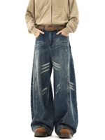 Jeans en denim délavé style vintage hip-hop street, taille haute, coupe droite, effet vieilli, avec boutons, pour l'automne, fabrication sur mesure