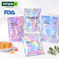 Sachets d'emballage holographiques personnalisés à trois soudures latérales avec fermeture éclair pour bonbons, viande séchée, noix, chips et marques de snacks de détail