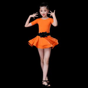 Girls Children's Latin <b>Dance</b> <b>Dress</b> Short Sleeve Chlorinated Fiber Practice Performance Costume Green Black Orange Spring 2017 - Product Image 2