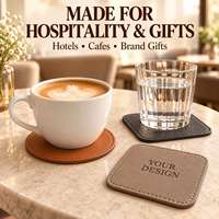 Sous-verres en cuir PU personnalisés avec logo gravé au laser, bords cousus, pour cadeaux et vente au détail, par le fabricant