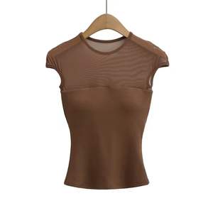 Camisetas de Manga Corta con Cuello Redondo de Encaje para Mujer, Diseño Transparente con Parches, Top Ajustado con Relleno - Product Image 4