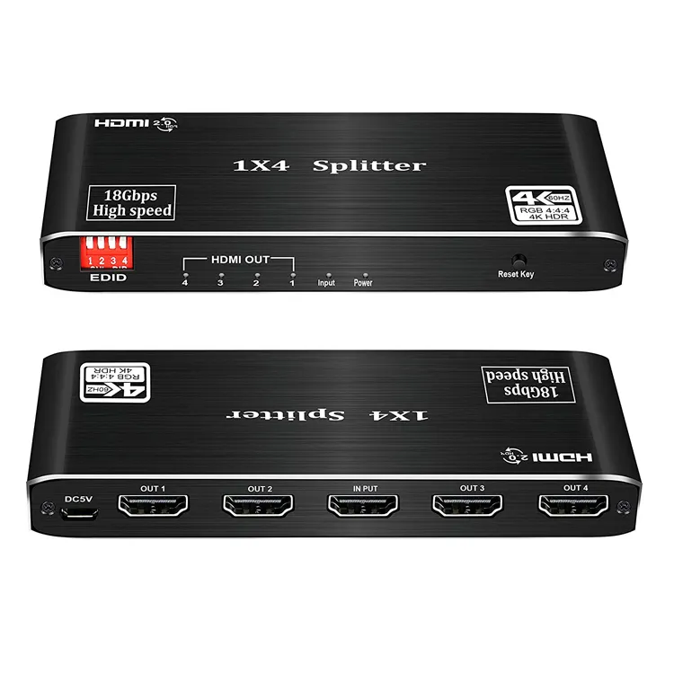 HDMI Splitter 1 in 4 Out, 4K 60hz Powered HDMI Splitter 1x4 Ports Box,HDMI 2.0b, 4K x 2K, Full Ultra 4K HDR 3D, HDCP2.2, 10Gbps