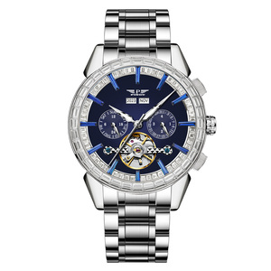 Montre mécanique automatique pour homme PINDU, style business casual, avec lunette sertie de diamants, index des heures, tourbillon et verre saphir - Product Image 6