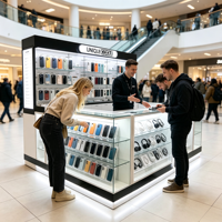Kiosque personnalisé pour accessoires de téléphonie mobile avec éclairage LED, vitrine en verre, comptoir îlot noir et blanc