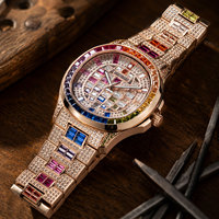 OBLVLO Montre Automatique de Luxe Ronde 40mm Or Rose Lumineuse avec Lunette Zircon/Moissanite Baguette Arc-en-ciel Élégante FM-DSL-AD