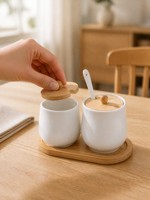 Ensemble de pots à épices en céramique avec couvercle en céramique, cuillère en bois et support, design vintage, accessoires de cuisine imperméables pour la maison
