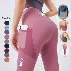 ชุดกีฬาแขนยาวกางเกงโยคะเอวสูงกางเกงเลกกิ้งไร้รอยต่อมีกระเป๋าตาข่ายชุดออกกำลังกายฟิตเนส - Product Image 1