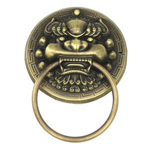 Manija de puerta de latón antiguo con cabeza de bestia china y anillo, fácil instalación - Product Image 3