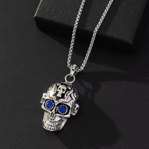 Skull Gemstone <b>Necklace</b> Zinc Alloy Antique Silver Sapphire Bezel Setting Themed Pendant Hip Hop Chain Fashion Jewelry - Product Image 3