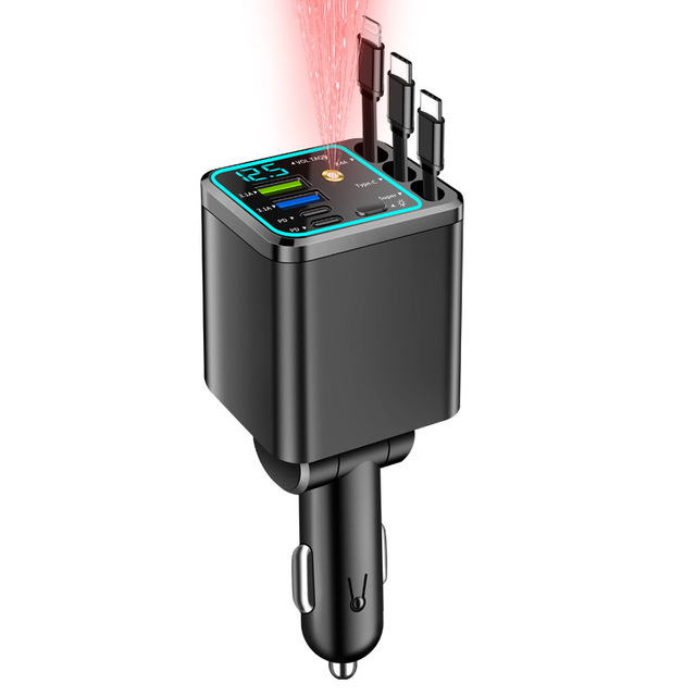 Car Charger 3 Retractable Cable USB Type-C Ports 75W Output Retractable Cable Car Charger Fast Charge Voltage Display