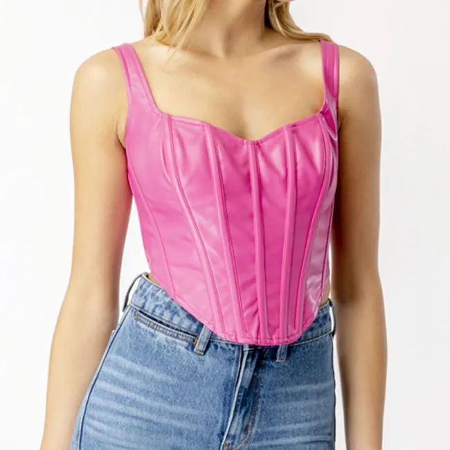 Custom Y 2K Pu Streetwear Vrouwen Hete Roze Cropped Faux Lederen Corset Bustier Top