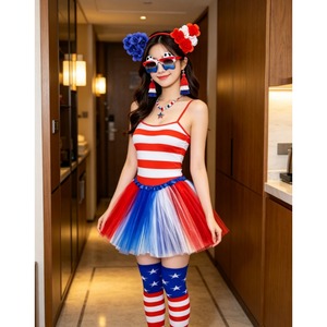 PESENAR Ensemble de costume tutu patriotique du 4 juillet, robe drapeau américain avec chaussettes et bandeau pour la fête du Jour de l'Indépendance - Product Image 3