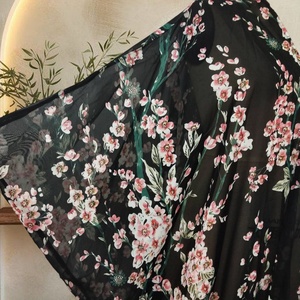 Summer Popular Floral Print Abaya Breathable Lightweight Chiffon Women Modest Classic Black <b>Cardigan</b> 1610# - Product Image 3