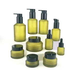 Frosted olive green glass bottle 30ml 60ml 120ml cosmetic bottle with 30g 50g glass jar with black lid for skin care cosmetic