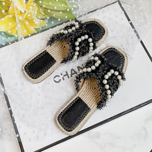 Sandales plates décontractées en perles, souples et brillantes, avec chaînes en strass, confortables et légères, pour la plage - Product Image 5