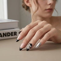 Faux ongles à presser faits à la main B280, forme amande, couvrance totale, motif floral 3D, style français pour doigts