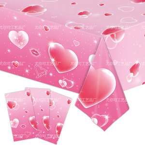 Yunik Pink Heart Valentine's Day Tablecloth 137x274cm Disposable <b>Plastic</b> <b>Table</b> Cover For Party Decorations - Product Image 1