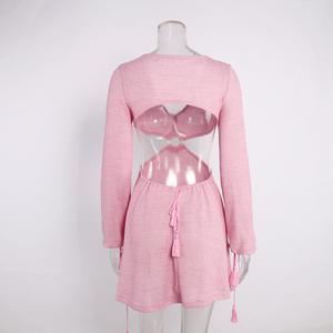 Guangzhou Auyan femmes col en v Wrap Word Sexy évider taille à manches longues plage Sexy robe moulante - Product Image 3