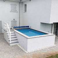 Piscine hors sol modulaire avec structure, pour jardin extérieur, ensemble complet avec pompe, filtre, accessoires et conteneur.