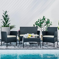 Ensemble de salon de jardin en rotin plat à 4 pièces LEISURE avec table à manger et chaises en acier - Meubles d'extérieur modernes, durables et écologiques