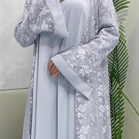 Ensemble 3 pièces Abaya musulmane pour femme, cardigan brodé en dentelle, robe intérieure, kimono extérieur, ceinture, vêtements islamiques modestes, kaftan pour fête de l'Aïd