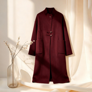 Женское роскошное пальто оверсайз из двусторонней шерсти с эффектом мягкого прикосновения, бордовое, удлиненное, с воротником-стойкой и декоративными пуговицами, осеннее - Product Image 1
