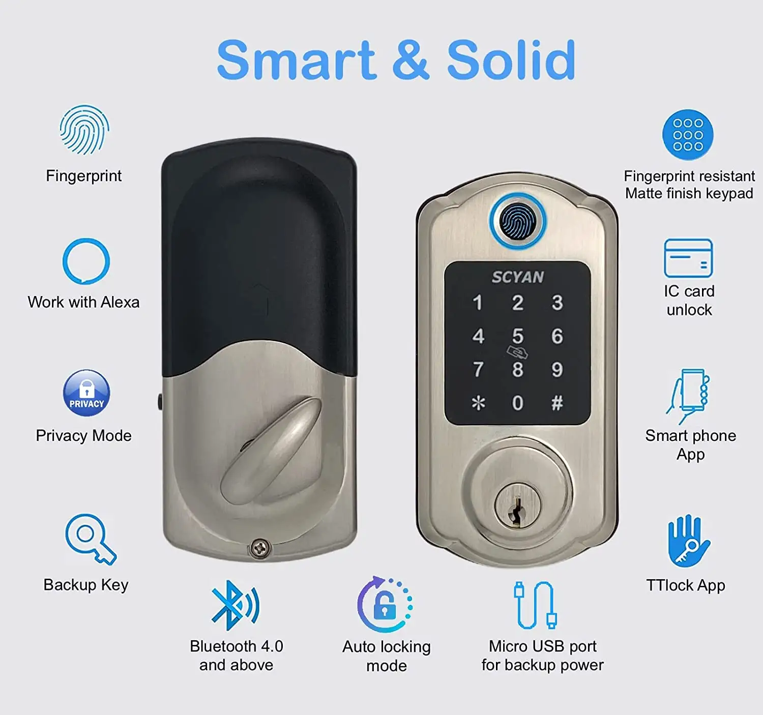 TT قفل بصمة ديدبولت قفل الباب مع كلمة السر ، RFID قارئ بطاقات ، تطبيق جوال وظائف