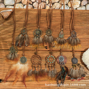 Collar de plumas atrapasueños hecho a mano, colgante de aleación de cobre estilo bohemio unisex para viajes y vacaciones, joyería - Product Image 3