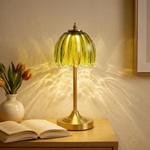 High CRI Ra95 LED Desk Lamp Rechargeable <b>Touch</b> Dimmable Iron Body Flower Shape Glass Shade Creamy Style Table Lamp - Product Image 1