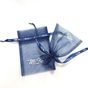 Custom Navy Blue Organza Gift Cosmetic Packaging Drawstring Bags with Logo on Bag and <b>Strings</b> Fuchen Brand Model OP - Product Image 3