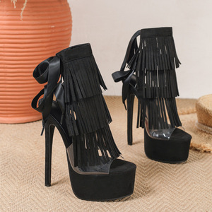 8inch-20cm Knee-High Stiletto Heel Platform <b>Boots</b> Tassel Zip Large Size Sexy Fish Mouth Design Autumn Winter Height Increasing - Product Image 1