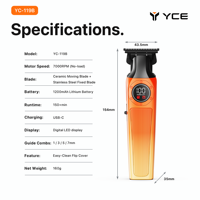 Tondeuse à cheveux électrique YC-119B avec écran LED, charge USB-C, autonomie de 150 minutes, 7000 tr/min, lames résistantes à la chaleur