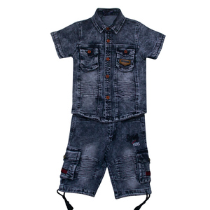 Ensembles de vêtements pour garçons décontractés et tendance en denim uni à manches courtes en deux pièces - Product Image 2