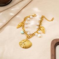 Joyería Bohemia Beach, Brazalete de Acero Inoxidable de Doble Capa con Colgante de Concha, Brazalete de Perlas, Joyería de Moda para Mujer