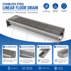 <span class=keywords><strong>Caniveau</strong></span> de douche linéaire en acier inoxydable 304, long, avec <span class=keywords><strong>grille</strong></span> amovible, pour cuisine, salle de bain, balcon, fourniture d'usine OEM ODM - Product Image 2