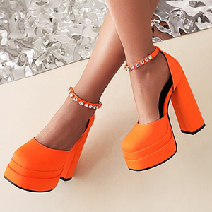 Sandales d'été pour femmes à talons épais et plateforme, bout carré, avec diamants et bride de cheville, pour soirées, grande taille 48 - Product Image 6