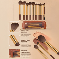 Set Kuas Makeup Wajah Profesional 13 Buah Label Pribadi Khusus, Pensil Eyeliner & Alis, Bulu Sintetis, Ferrule Emas, Bebas Kekejaman