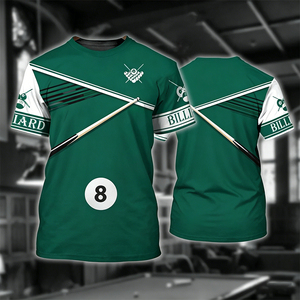 T-shirt de billard S.Q.F vert et blanc, bloc de couleurs, 100 % coton, imprimé au crochet, design vintage, séchage rapide, maillot athlétique - Product Image 1