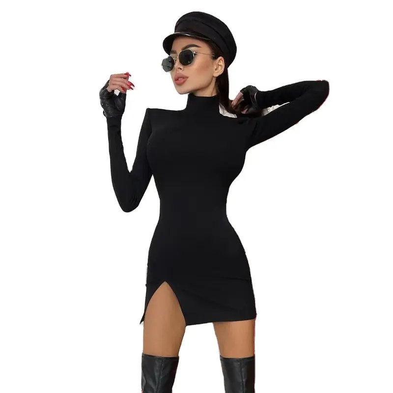 SD0064 оптом в наличии; Праздничная одежда для женщин трикотажное сексуальное черное мини-платье с длинными рукавами
