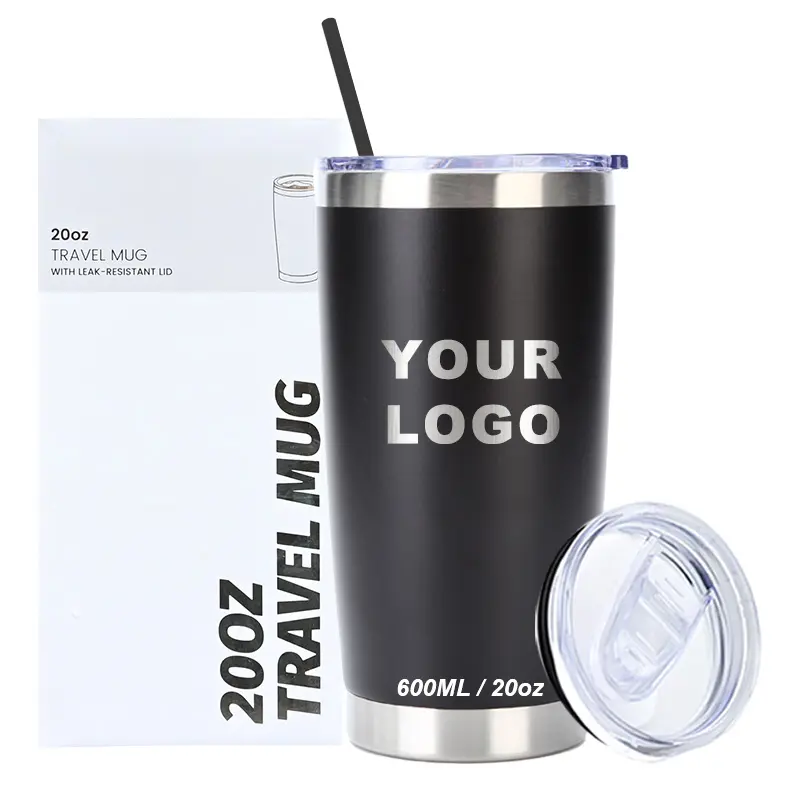 Copo revestido a pó diretamente da fábrica logotipo personalizado caneca de viagem de café de aço inoxidável em branco com parede dupla de 20 onças e 30 onças